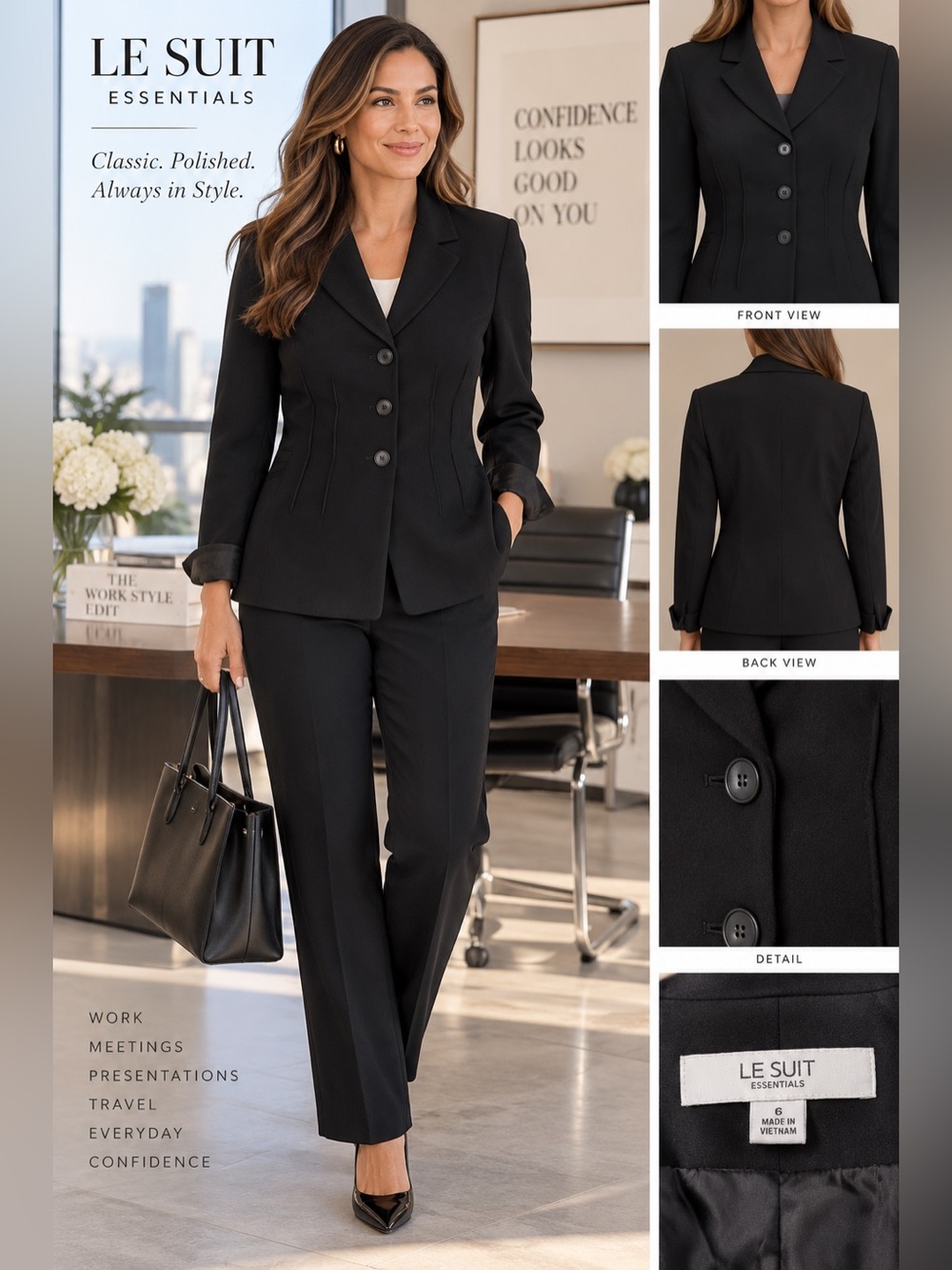 Le Suit Essentials Women’s Black Tailored 3 Button Career Blazer Jacket Size 6